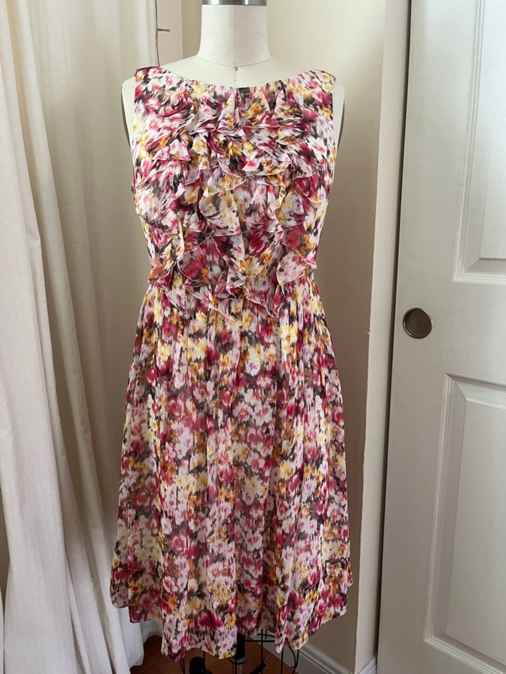 Maggy London Floral Ruffle Sleeveless Silk Midi Dress